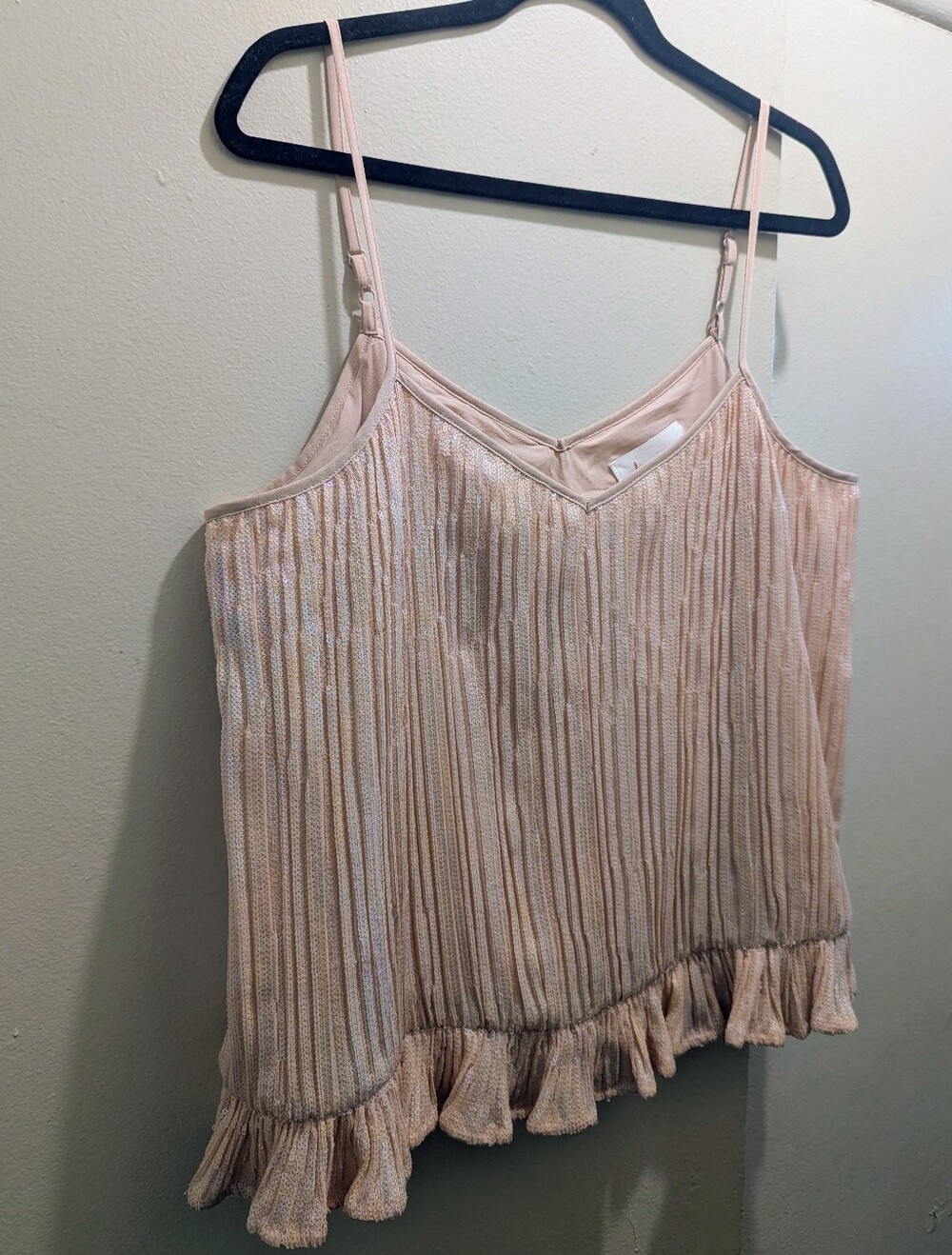 Anthropologie Amelie Sequin Shimmery Blush Pleated Ruffle Spaghetti Cami Top- 10 - Picture 5 of 14